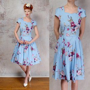 NEW Blue pink floral 1950s rockabilly dress